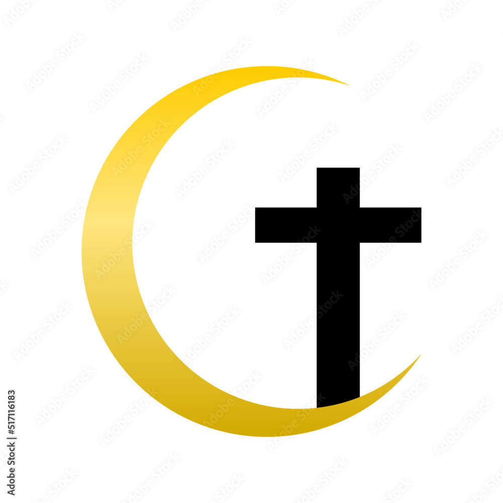 Obraz premium Black christian crucifix cross on golden yellow crescent moon boho flat vector icon design.