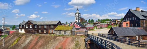 Roros historic copper mining town panorama, church and wooden houses, Norway