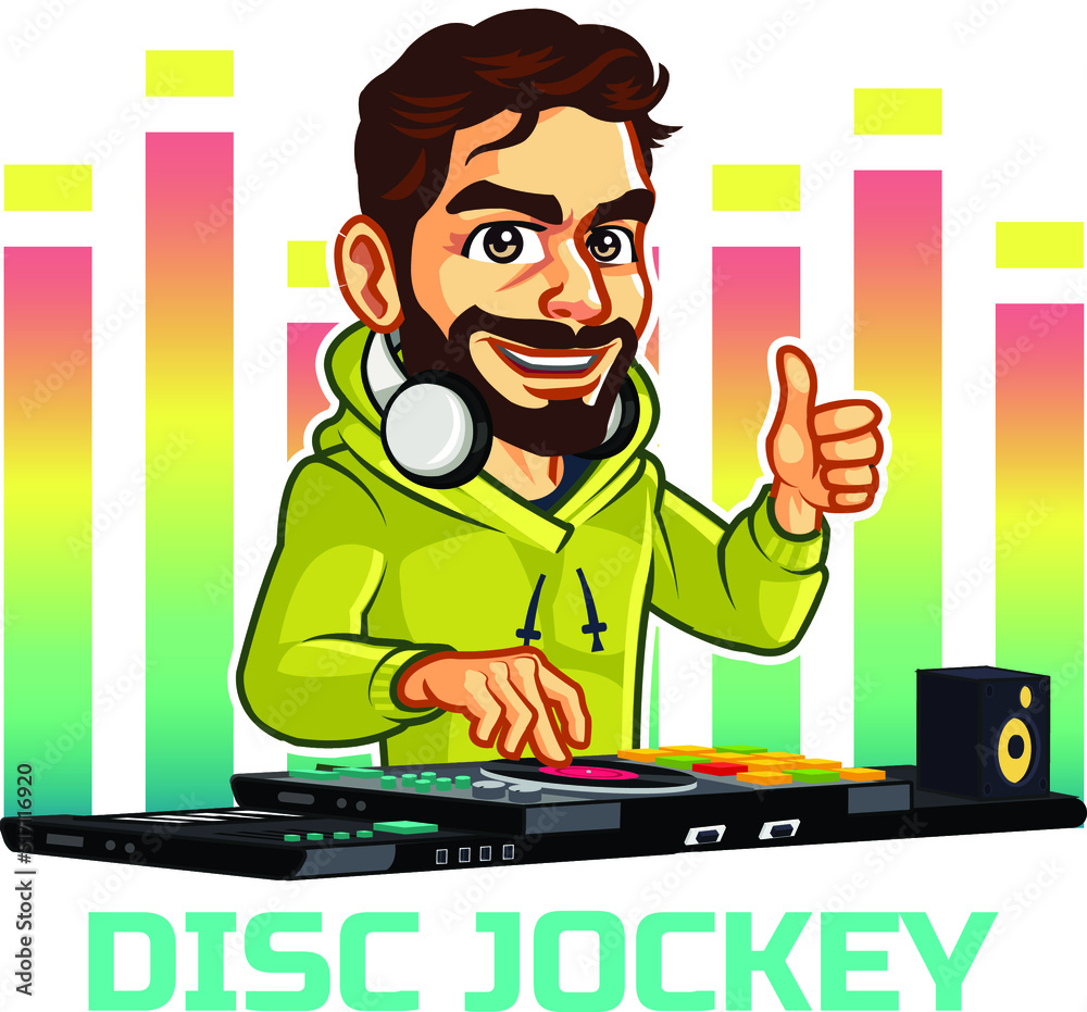 Handsome DJ Disc Jockey Man with Beard Showing Thumb Up and Play Music