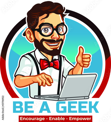 Handsome Genius Bearded Tech Computer Hacker Geek with Laptop Showing Thumb Up Cartoon