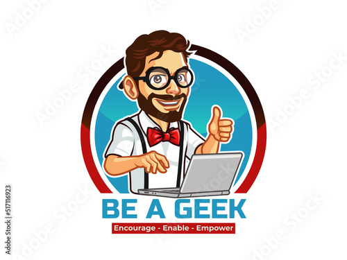 Handsome Genius Bearded Tech Computer Hacker Geek with Laptop Showing Thumb Up Cartoon