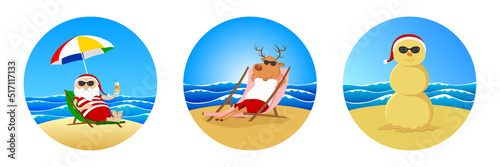 Summer vacation of Santa Claus, reindeer and snowman. Vector illustration.