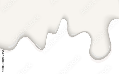 Creamy liquid, yogurt cream, ice cream or milk melting and flowing. White creamy drips. Simple cartoon design on white background. Template for banner or poster. Realistic vector illustration.