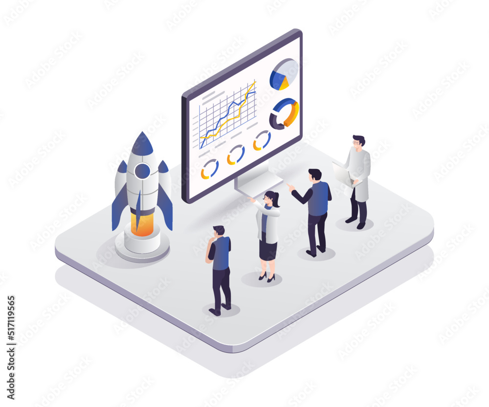 Startup business group people launching a rocket. Isometric design concept startup business group people launching a rocket Startup business group people launching a rocket. Isometric design concept startup business group people launching a rocket