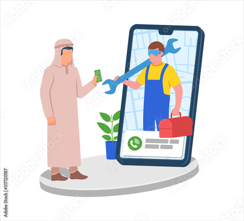 Muslim arab call repair man online service  to help home issue vector illustration