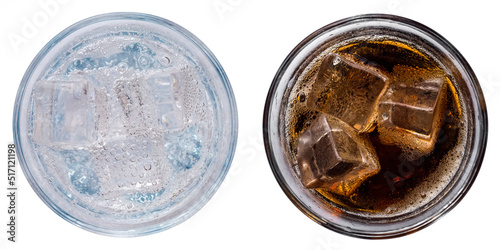 Set of refreshing soft drinks and cocktails with ice in glasses, top view on a white background