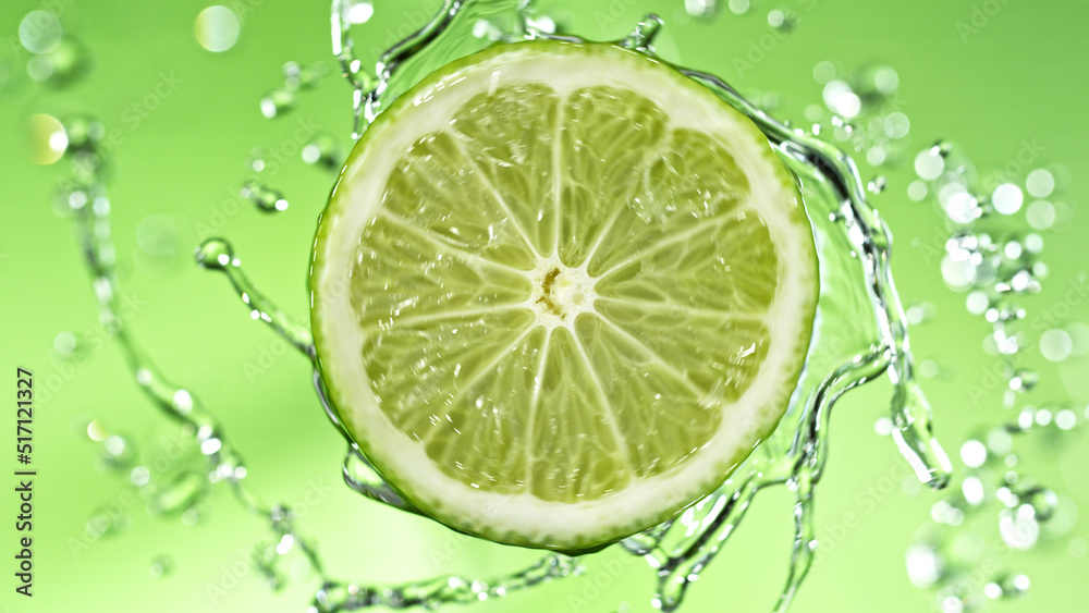 Slice of lime with water splashes on green background. Slice of lime with water splashes on green background.