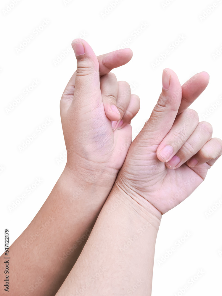 Asian woman and boy make her hand like mini heart shape (Korea style) sign of love on white background Asian woman and boy make her hand like mini heart shape (Korea style) sign of love on white background