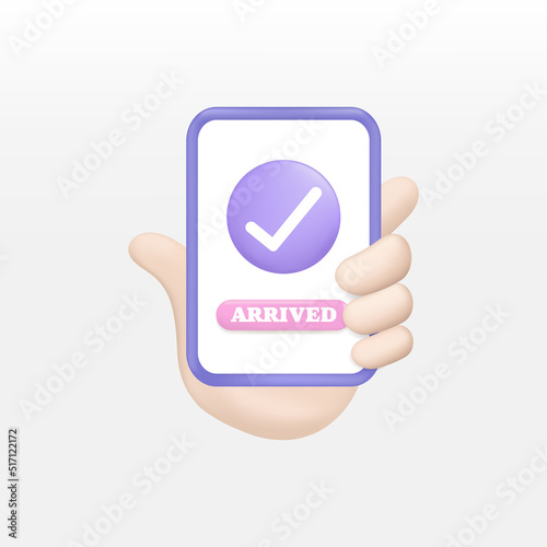 3d check mark icon and arrived button isolated on mobile screen phone in hand. 3d illustration vector rendering.