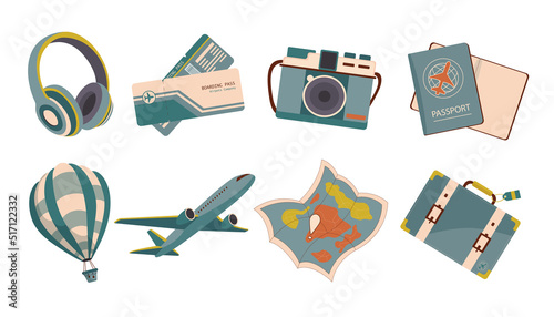 Travel icons vector. Set of color flat icons for travel and tourism. Icons for web design, seo, social media.