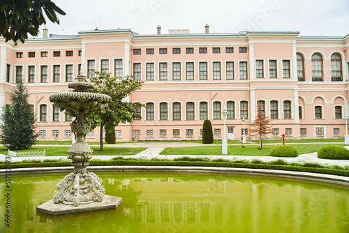 Fountain in garden against Harem in Dolmabahce Palace in Istanbul, Turkey