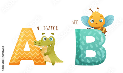 Cute zoo alphabet. A B letters and alligator  bee creatures cartoon vector illustration