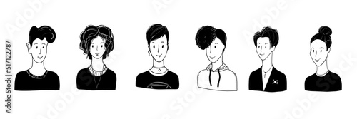 Set of black and white drawn people avatars. Young and trendy men, women and lgbtq people portraits. Trendy doodle icons.