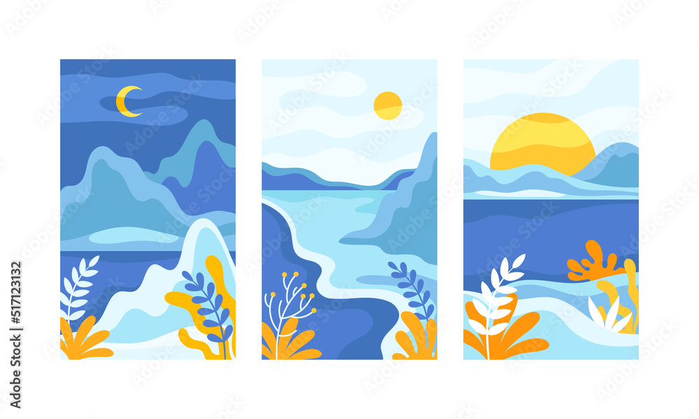 Beautiful nature scenes set. Picturesque natural mountain landscape and river in blue colors at different times of day vector illustration