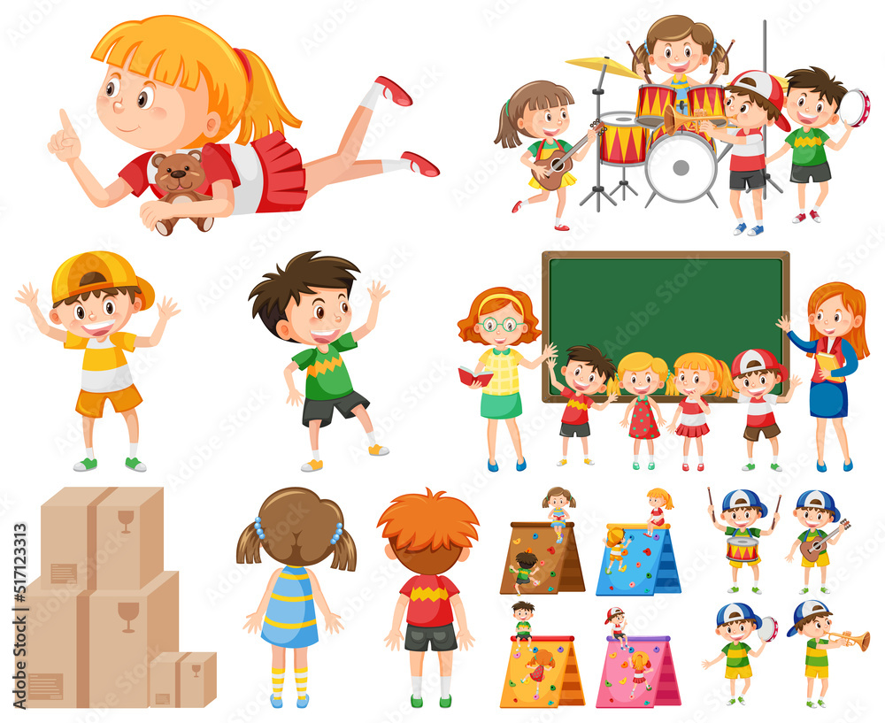 Set of different cute kids and objects Set of different cute kids and objects