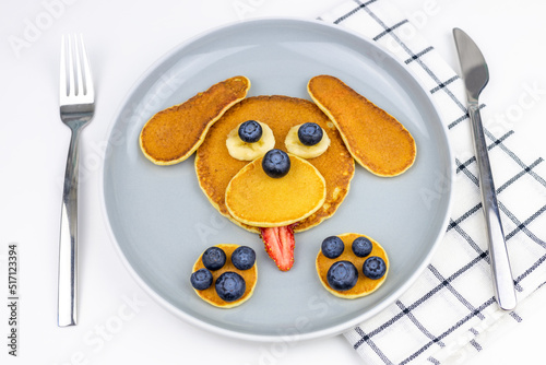 Dog with strawberries, blueberries and bananas made from American pancakes. Food for kids, playful and creative. View from above.