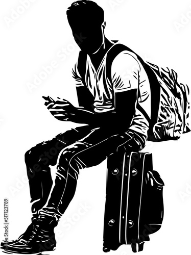 Detailed Silhouette of Treveling yong boy sitting on his language, Stencil vector drawing of young man sitting on his suitcase and holding mobile phone