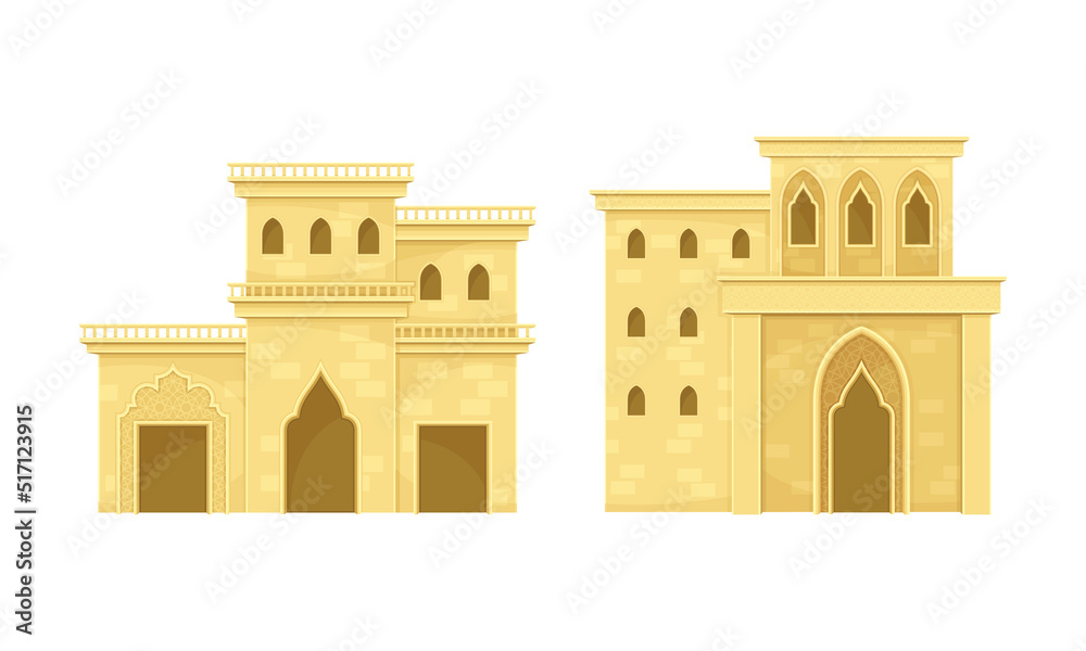 Fototapeta premium Arab mud houses. Mediterranean, Moroccan or Arabic style buildings. Traditional muslim oriental authentic architecture flat vector illustration