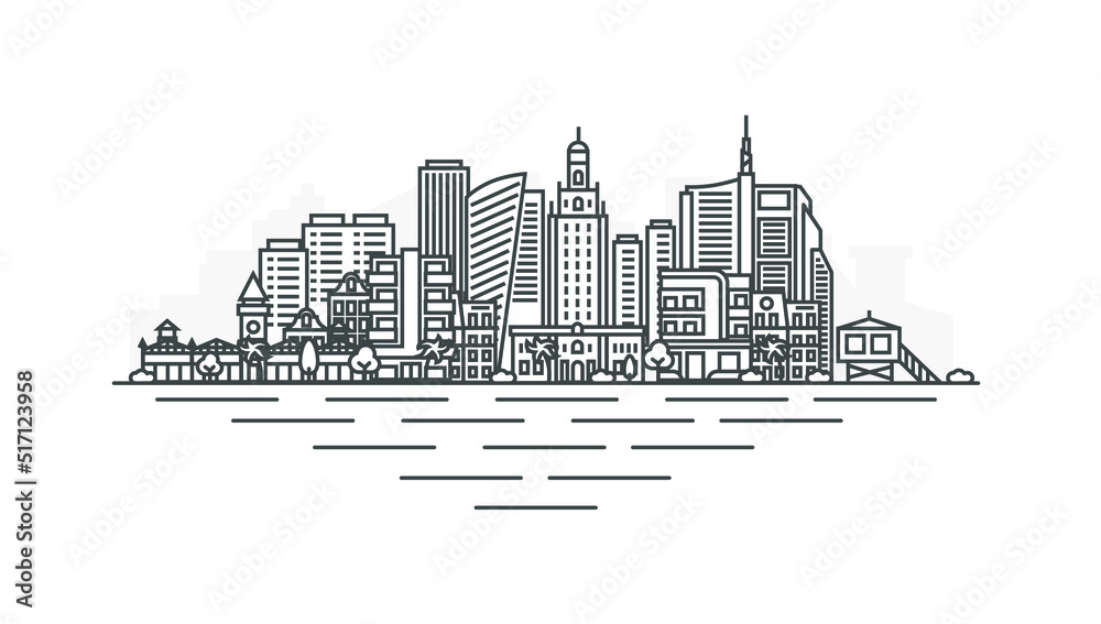 Miami, Florida, USA architecture line skyline illustration. Linear ...