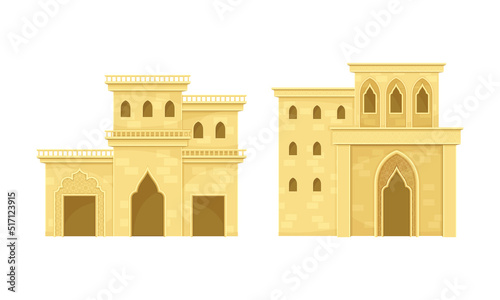 Arab mud houses. Mediterranean, Moroccan or Arabic style buildings. Traditional muslim oriental authentic architecture flat vector illustration