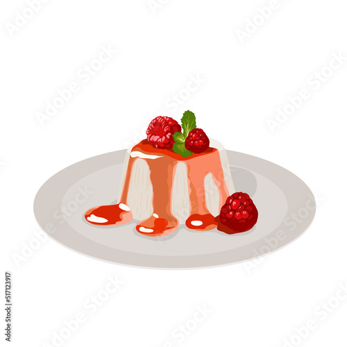 Panna Cotta with raspberry sauce on plate. Vector illustration. Tasty and delicious dessert. 