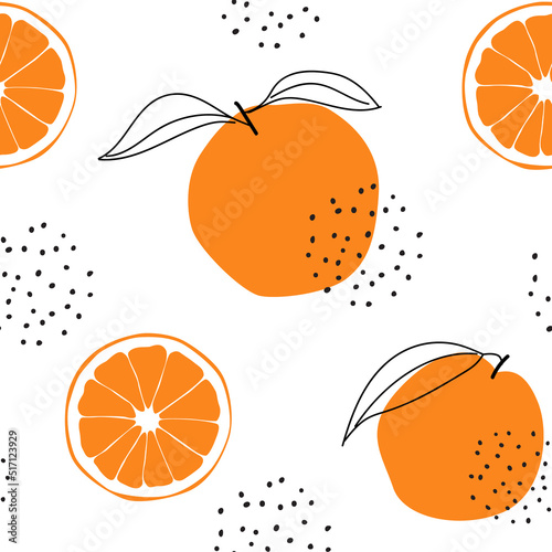 Mandarin seamless pattern. Vector tangerine. Hand drawn fresh tropical citrus fruit.