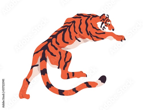 African tiger animal walking, crawling, hunting. Wild cat, Bengal feline carnivore. Amur beast in motion. Jungle predator crouching. Flat graphic vector illustration isolated on white background