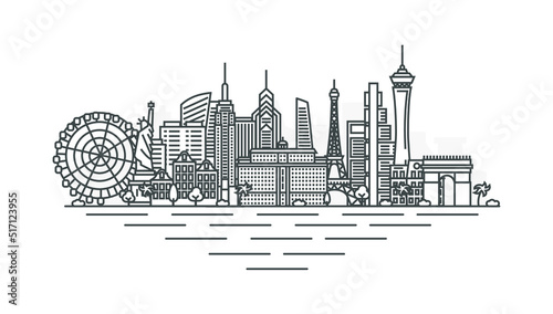 Las Vegas, Nevada, USA architecture line skyline illustration. Linear vector cityscape with famous landmarks, city sights, design icons. Landscape with editable strokes.