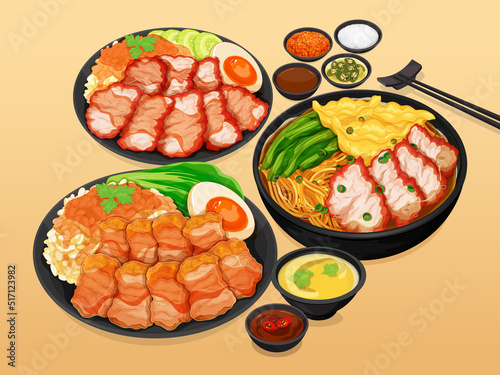 Asian foods menu set close up illustration vector.
Thai street food menu set. Chinese red roasted pork rice bowl, Chinese crispy pork belly rice bowl, Chinese wonton noodles soup. Famous singapore.