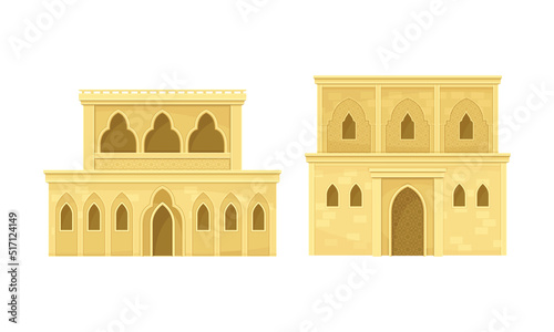 Arabic mud houses set. Mediterranean, Moroccan traditional oriental buildings flat vector illustration