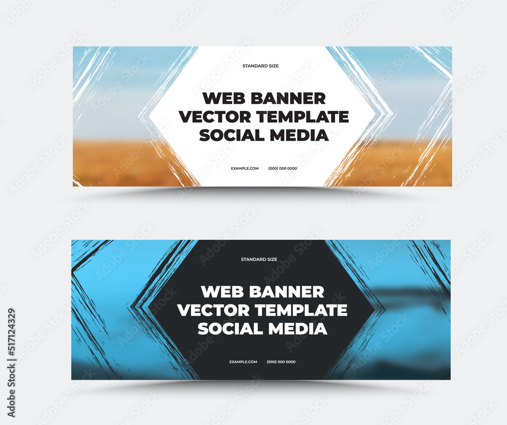 Fototapeta premium Standard size vector web banner template with paint stroke texture, company information in the center on white, black background, for social media. Set.