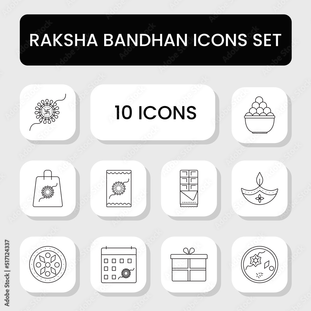 Isolated 10 Indian Festival Raksha Bandhan Icon Set In Line Art.