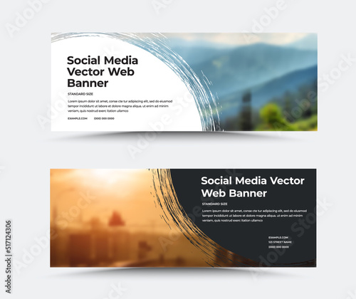 Vector horizontal web banner template, with round white, black background, space for info, social media booklet. Set.
