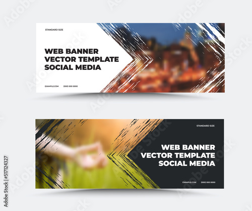 Vector web banner template with arrow paint stroke, company text, data on white, black background, for social media.