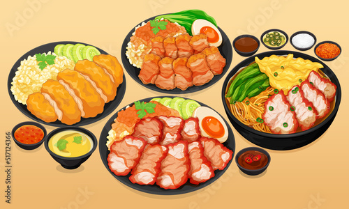 Asian foods menu set close up illustration vector.
Thai street food menu set. Chinese red roasted pork rice bowl, Chinese crispy pork belly rice bowl, Chinese wonton noodles soup and Hainanese chicken