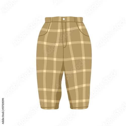 Kids pants with checkered print. Childs summer trousers. Fashion wearing, modern trendy childrens apparel. Toddlers garment. Flat vector illustration isolated on white background