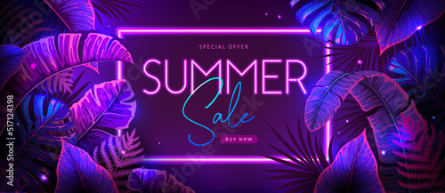Summer big sale typography poster with fluorescent tropic leaves. Nature concept. Summer background. Vector illustration