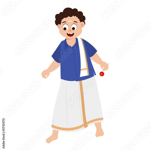 South Indian Cartoon Boy Holding A Flower On White Background.