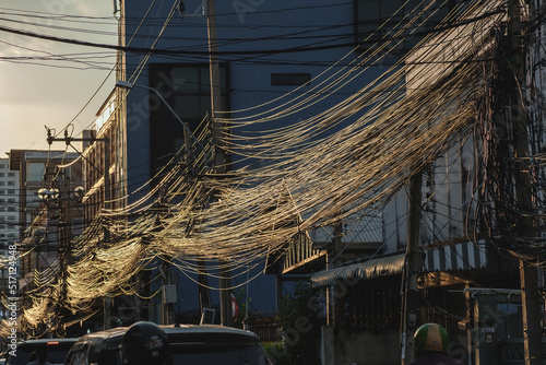 Tangled And Messy Electrical Cables In Bangkok City Thailand