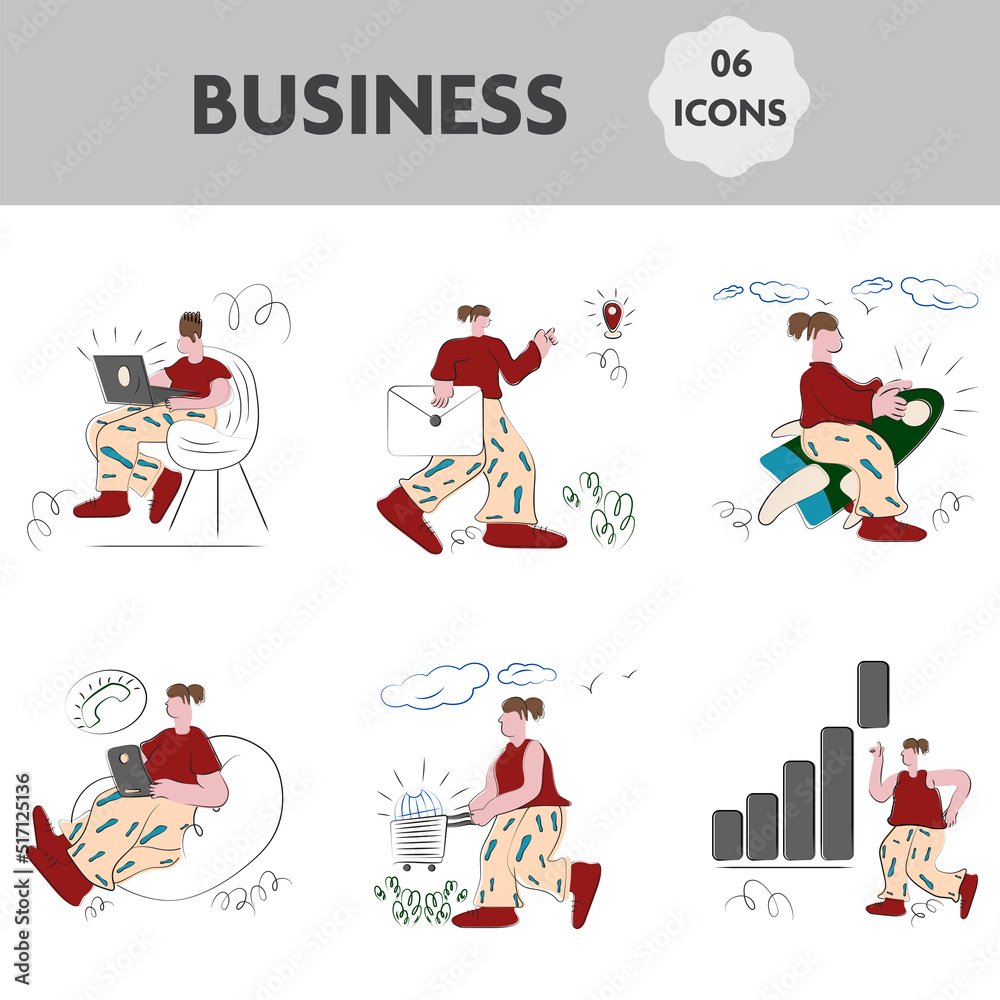 Cartoon Set Of Business Female Working In Different Platform.