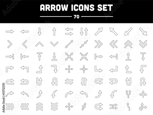 70 Different Arrow Icon Set In Black Line Art.