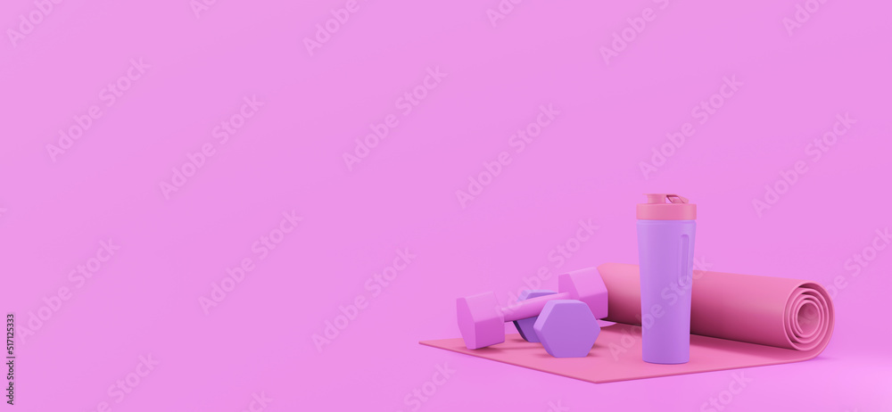 Concept relax. Yoga mat, dumbbells and sport bottle on purple background. 3d rendered illustration. Concept relax. Yoga mat, dumbbells and sport bottle on purple background. 3d rendered illustration.