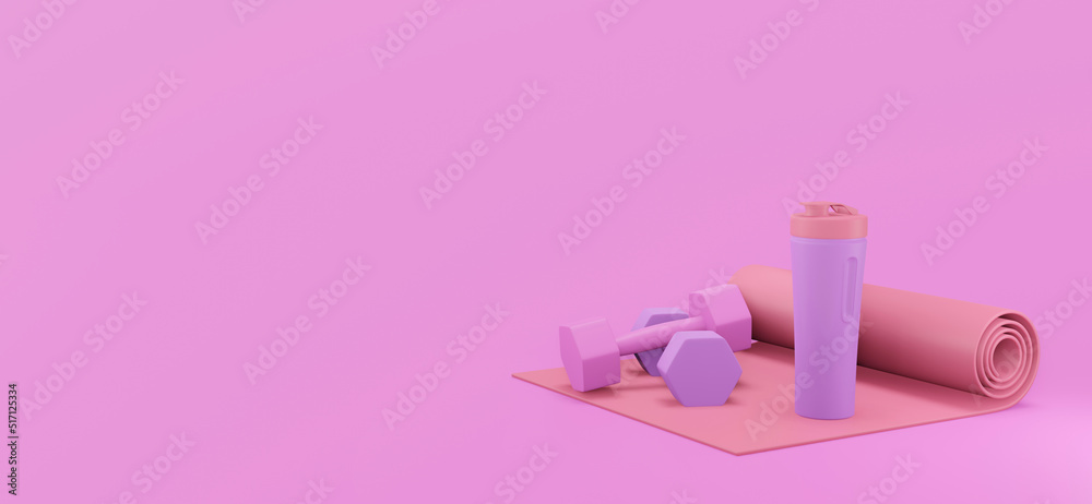 Concept relax. Yoga mat, dumbbells and sport bottle on Pink background. 3d rendered illustration. Concept relax. Yoga mat, dumbbells and sport bottle on Pink background. 3d rendered illustration.