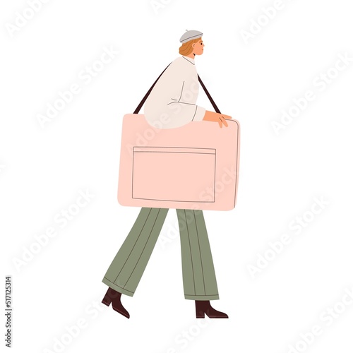 Woman artist going, carrying art portfolio case for sketches, canvas. Girl painter student in beret walking with bag on shoulder strap. Flat vector illustration isolated on white background