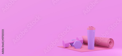Concept relax. Yoga mat, dumbbells and sport bottle on purple background. 3d rendered illustration.