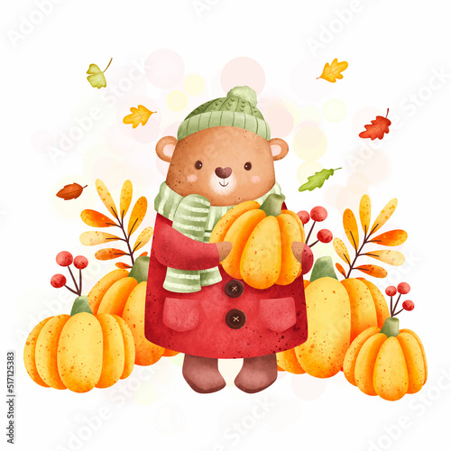 Watercolor illustration bear holding pumpkin with autumn plants and leaves
