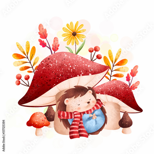 Watercolor illustration cute hedgehog sleeping under mushroom and autumn plant and leaves