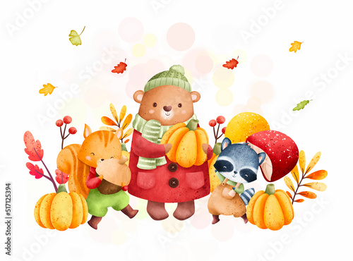 Watercolor illustration woodland animals with pumpkin and autumn leaves