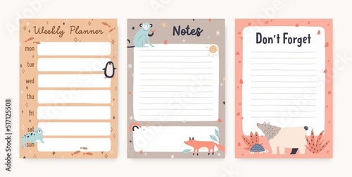 Pages templates for kids planner, diary with cute animals. Sheet of papers for notebook, organizer design in Scandinavian style. Backgrounds with lines for plans, notes. Flat vector illustrations