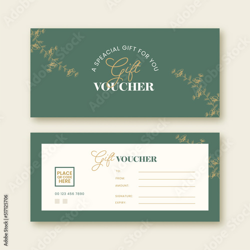 Gift Voucher Banner Or Header Design With Double-Side In Teal Green And White Color.